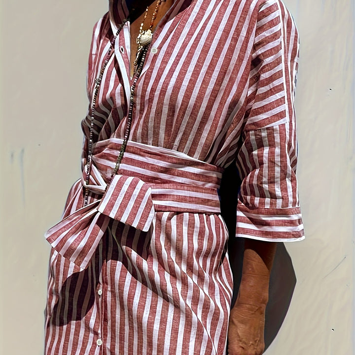 CHRISTINE | STRIPED PRINT DRESS WITH BUTTON CLOSURE AND BELT